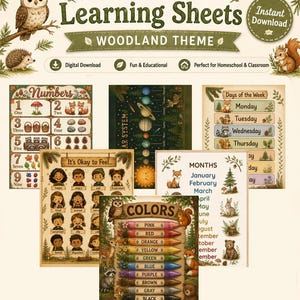 Woodland Learning Posters, Toddler Educational WallArt, Preschool Printable Charts, Homeschool Classroom, Daycare Wall Art (Digital Download