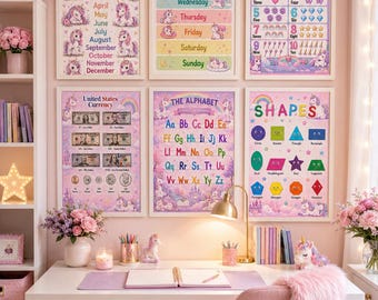 Pósteres educativos de unicornios, láminas didácticas para niños pequeños, carteles imprimibles para preescolar, decoración para aulas de educación en casa y guarderías (descarga digital).