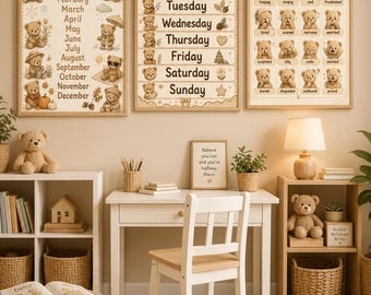 Paquete de 13 pósteres educativos de ositos de peluche color beige para niños pequeños, preescolar, educación en el hogar, guarderías, jardines de infancia y decoración de aulas — Imprimibles en formato 4x5