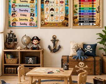 Pirate Colorful Learning Posters Bundle, 13 Printable Educational Charts, Toddler Preschool Classroom Decor, Homeschool Digital Download