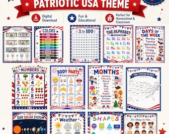 Patriotic USA Educational Posters Bundle, 13 Learning Charts, Preschool Classroom Decor (Digital Download)