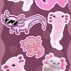 Peut inclure: Un ensemble de six illustrations d'axolotls et une peluche. Cinq axolotls sont représentés dans diverses nuances de rose avec des poses distinctes, dont un portant des lunettes de soleil. En bas à droite, une peluche axolotl rose et douce.