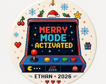 Personalized Gamer Christmas Ornament, Retro Arcade Ceramic Ornament, Custom Name Merry Mode Activated Gaming Gift for Teen Boys
