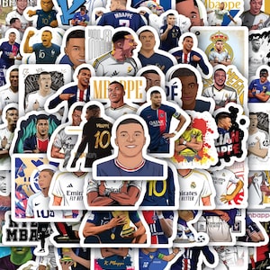 May include: A collection of die-cut stickers featuring various illustrated portraits and action poses of the soccer player Kylian Mbappé in different team jerseys, including Real Madrid and Paris Saint-Germain, with some stickers displaying the text Mbappé.