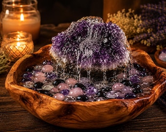 Amethyst Crystal Cluster Fountain - Tabletop Water Fountain, Tumbled Stone Zen Decor, Relaxation Gift, Home Office Meditation Decor