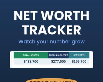 Net Worth Tracker Spreadsheet | Assets, Liabilities, Investment Portfolio, Monthly Wealth Trend Dashboard | Google Sheets & Excel