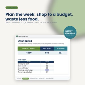 Weekly Meal Planner Spreadsheet | Budget Grocery List, Pantry Tracker (Google Sheets, Excel) imagen 1