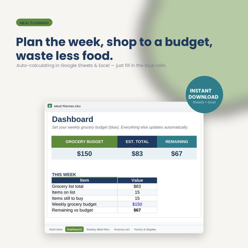 Weekly Meal Planner Spreadsheet | Budget Grocery List, Pantry Tracker (Google Sheets, Excel) imagen 1