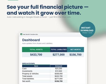Net Worth Tracker Spreadsheet | Assets, Liabilities, Monthly Trend (Google Sheets, Excel)