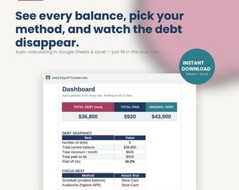 Debt Payoff Tracker | Snowball, Avalanche, Payment Log (Google Sheets/Excel)