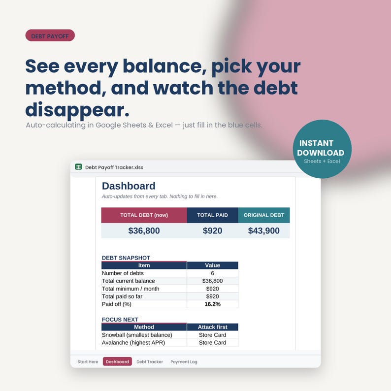 Debt Payoff Tracker | Snowball, Avalanche, Payment Log (Google Sheets/Excel) imagen 1