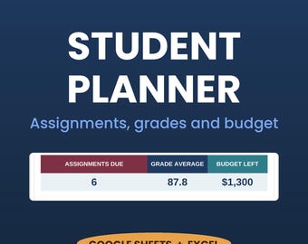 College Student Planner Spreadsheet | Assignment, Homework, GPA Grade Tracker, Semester Study Budget | Google Sheets & Excel