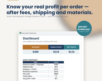Etsy Profit Tracker | Sales, Expenses, P&L Spreadsheet (Google Sheets/Excel)