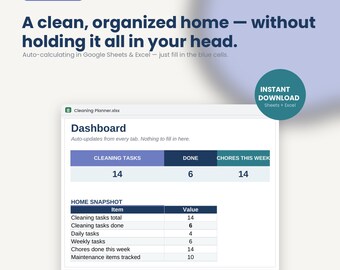 Home Management Cleaning Schedule | Chore Chart, Maintenance Tracker (Google Sheets, Excel)
