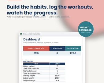 Fitness Habit Tracker Spreadsheet | Monthly Workout Log, Measurements (Google Sheets/Excel)