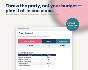 Party Planner Spreadsheet | Budget, Guest List, Shopping, To-Do (Digital Download)