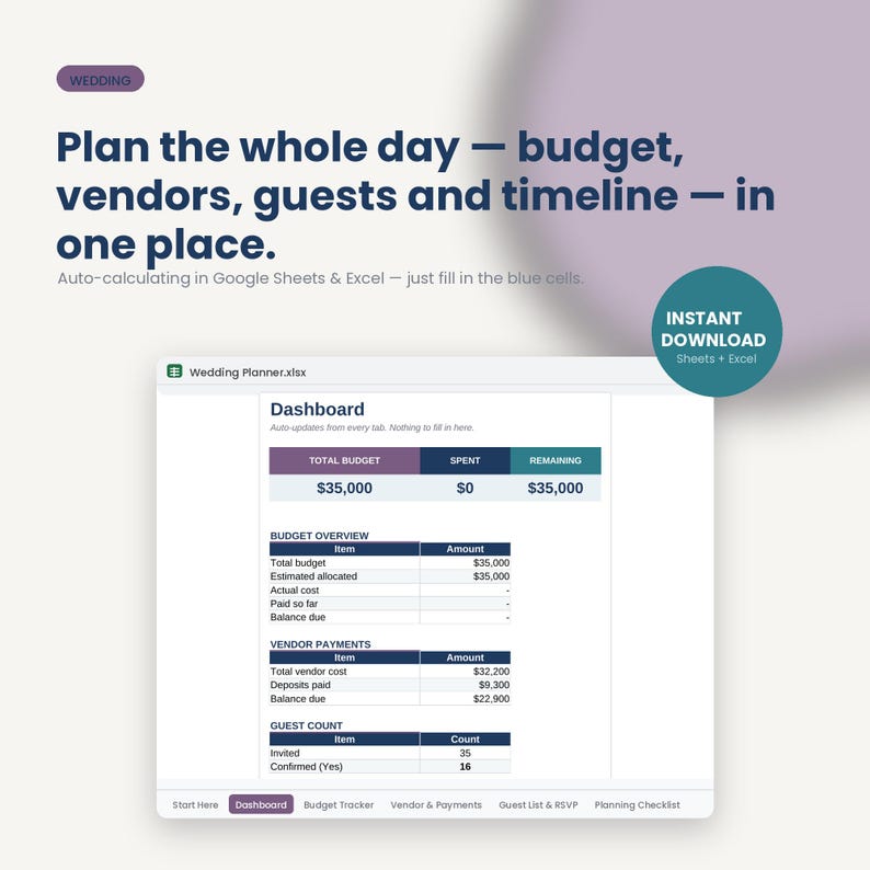 Wedding Budget Planner | Guest List, Payments, Checklist (Google Sheets, Excel) image 1