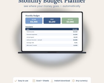 Monthly Budget Planner | Google Sheets, Excel Expense Tracker (Instant Download)