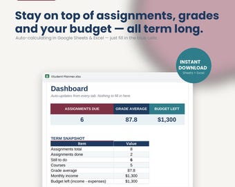 Student Planner Spreadsheet | Assignment, Grade, Budget Tracker (Google Sheets/Excel)