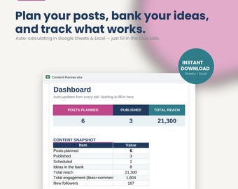 Social Media Content Planner Spreadsheet | Calendar, Ideas, Performance (Google Sheets/Excel)
