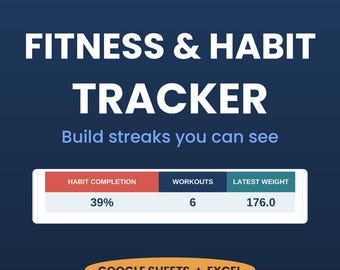 Fitness Habit Tracker Spreadsheet | Workout Log, Weight Loss, Body Measurements, Gym Planner (Google Sheets/Excel)