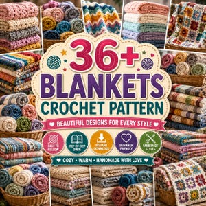 May include: A digital graphic featuring the text 36+ BLANKETS CROCHET PATTERN, surrounded by various colorful crocheted blankets in baskets and stacks. The design includes icons for step-by-step guides, instant downloads, and beginner-friendly levels.