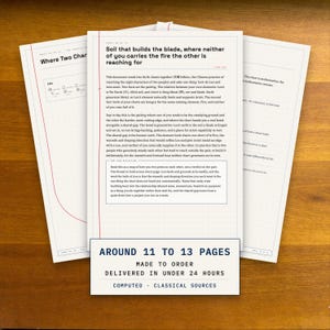Three printed pages from a BaZi couple compatibility reading fanned on a wooden desk, the drawn overlay of both charts in front and written sheets behind, with a card noting the page count and delivery in under 24 hours.