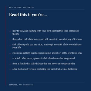 The read this if you're card from a BaZi reading, white drafting type on deep blue. Among its lines: three chart calculators deep and still unable to say what any of it meant, sick of being told you are a Rat as though a twelfth of the world shares your life, and after the unflattering parts too.