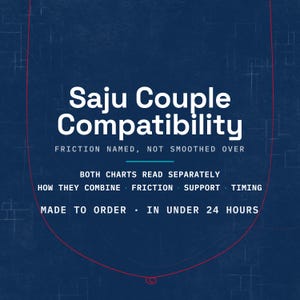 Korean Saju gunghap couple reading cover card in deep blue. The title reads friction named, not smoothed over, above both charts read separately, how they combine, friction, support and timing. The mark 궁합 gunghap is set beneath. Made to order, in under 24 hours.