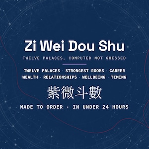 Zi Wei Dou Shu reading cover card in deep blue. The title reads twelve palaces, computed not guessed, above twelve palaces, strongest rooms, career, wealth, relationships, wellbeing and timing. The mark 紫微斗數 purple star astrology is set beneath. Made to order, in under 24 hours.
