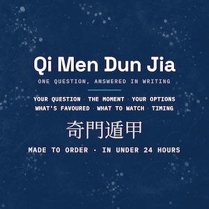 Qi Men Dun Jia reading cover card in deep blue. The title reads one question, answered in writing, above your question, the moment, your options, what is favoured, what to watch and timing. The mark 奇門遁甲 qi men dun jia is set beneath. Made to order, in under 24 hours.