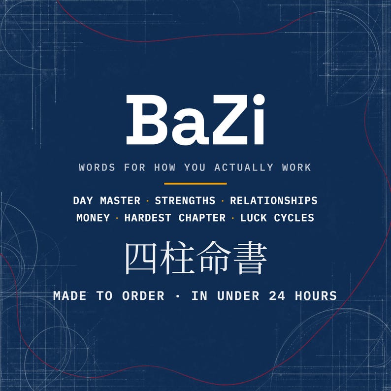BaZi reading cover card on a deep blue drafting ground. The title BaZi sits above the line words for how you work, then day master, strengths, relationships, money, hardest chapter and luck cycles. The mark 四柱命書 four pillars fate text is set beneath. Made to order, in under 24 hours.