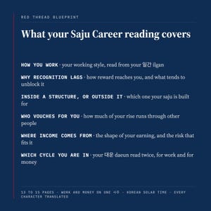 What your Saju career reading covers, listed on a deep blue panel: how you work read from your 일간 ilgan, why recognition lags, whether you are built for a structure or outside it, who vouches for you, where income comes from, and which cycle 대운 daeun you are in, read for work and for money.