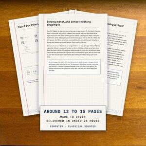 A fan of three real pages from a Saju career reading laid on oak, the drawn four pillars chart in front and written sheets behind, beside a printed card giving the page count and the under 24 hour turnaround.