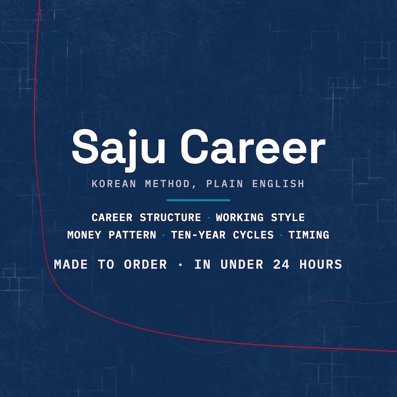 Korean Saju career reading cover card in deep blue. The title Saju Career sits above the line Korean method, plain English, then career structure, working style, money pattern, ten year cycles and timing. The mark 직업 job is set beneath. Made to order, in under 24 hours.