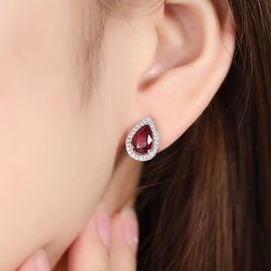Pear Shape Lab Created Ruby Stud Earrings, 925 Sterling Silver, Teardrop Bridal Jewelry