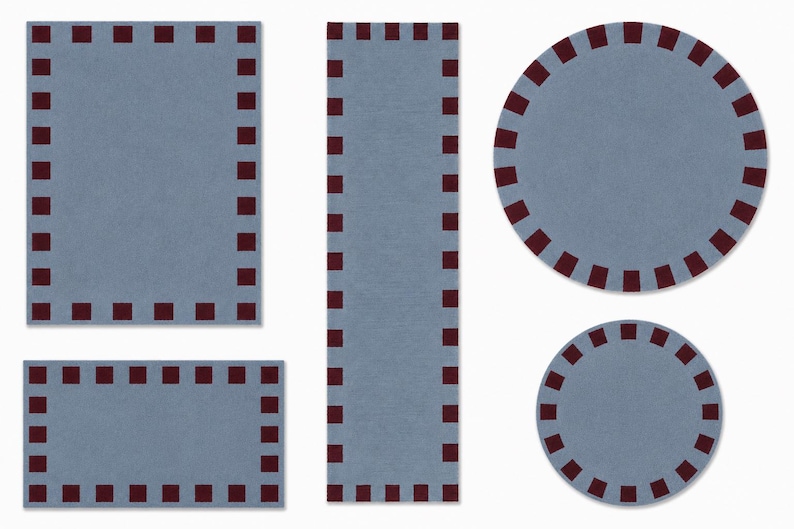 Geometric Border Rug Design Wool Runner Tufted Rug, Blue Burgundy Geometric Border, Modern Hallway ...
