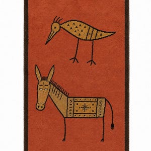 Donkey Bird Runner Rug, Folk Art Hallway Accent, Hand-Knotted Wool Textile