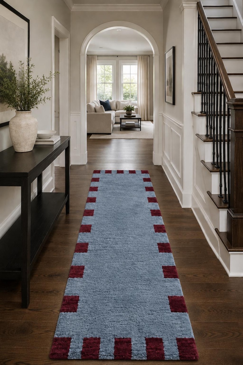 Geometric Border Rug Design Wool Runner Tufted Rug, Blue Burgundy Geometric Border, Modern Hallway ...