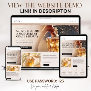 May include: A website demo displayed on a laptop, tablet, and smartphone screen. The interface features the brand name COZY, with text reading SCENTS THAT ARE A SIGNATURE OF GRACE & BEAUTY, alongside images of perfume bottles and navigation menus.