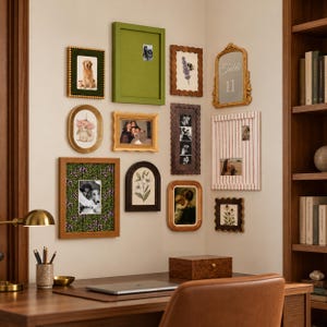 May include: A gallery wall arrangement featuring various picture frames in rectangular, oval, and arched shapes. The frames include gold, wood, green, and striped finishes, displaying photographs, botanical illustrations, and a Table 11 sign.