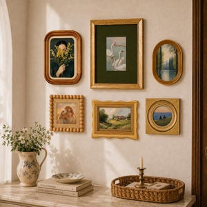 May include: A gallery wall arrangement featuring six framed artworks in various shapes and gold or wood tones. The collection includes portraits, landscapes, and animal scenes. Below, a ceramic pitcher with blue floral patterns sits beside stacked books and a woven tray.