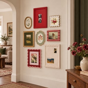 May include: A gallery wall arrangement featuring eight diverse picture frames in various shapes and colors, including red, gold, and striped patterns, displaying assorted photographs and botanical illustrations on a neutral wall.