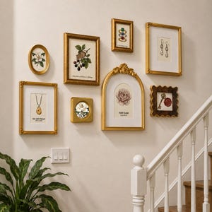 May include: A gallery wall arrangement featuring eight framed prints in various shapes and sizes. The collection includes illustrations of a flower, a mouse with berries, rings, earrings, a pendant, a key with a wax seal, and a peony bloom.