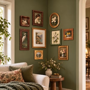 May include: A gallery wall arrangement featuring eight framed artworks in various shapes and sizes, including portraits, landscapes, and botanical illustrations, displayed on a solid olive green wall above a white sofa and wooden side table.