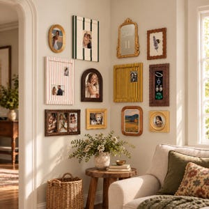 May include: A gallery wall featuring various picture frames in gold, brown, and striped patterns, including an oval frame, a mirror labeled Table 11, and a rectangular frame displaying jewelry, arranged on a light-colored wall above a wooden table.