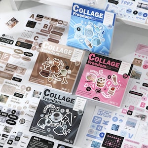 May include: Four square sticker books titled Collage Freedom in blue, brown, pink, and black, each containing 20 pieces. The books are surrounded by various sticker sheets featuring calendars, clocks, food, animals, and text like Hello and Today.