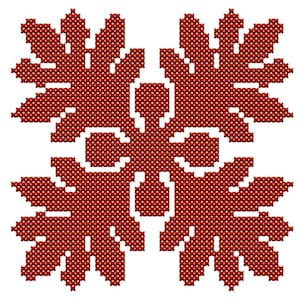 May include: A square cross-stitch embroidery pattern featuring a symmetrical floral or leaf-like motif in deep red. The design consists of four large, jagged-edged leaf shapes radiating from a central point, with white negative space forming a cross.