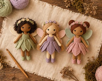 Fairy Doll Crochet Pattern Bundle PDF, 3 Woodland Flower Fairies, Amigurumi Doll Pattern, Digital Download, US Terms