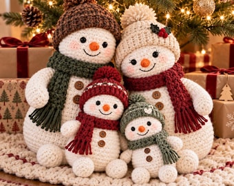 May include: Four crocheted snowman figures of varying sizes, each wearing a knit hat and scarf. The two larger snowmen have brown and cream hats with matching scarves, while the two smaller snowmen wear red and green hats with scarves.